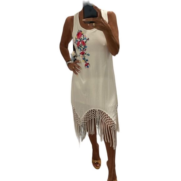 Venus Ivory Embroidered Fringes Hem Midi Dress and Pink Cardigan Bundle.Size S - Picture 1 of 16